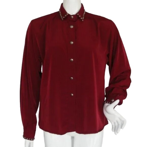 SILVER RIVER Blouse, M, Rayon, Studs, Burgundy, Long sleeves, Button front - Picture 1 of 12
